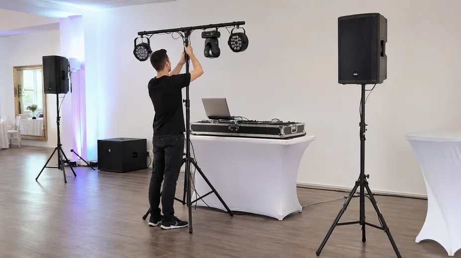 Mobile DJ operator setting up tripod and T bar stands at an event venue