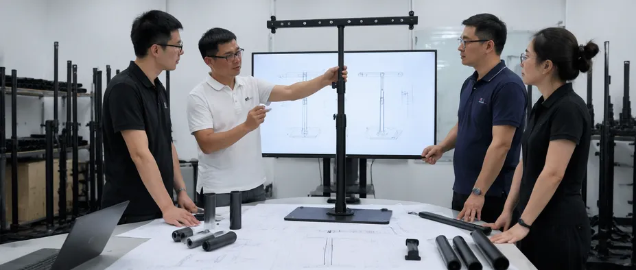 Engineering team reviewing custom T bar stand prototype with modified height range and tube diameter