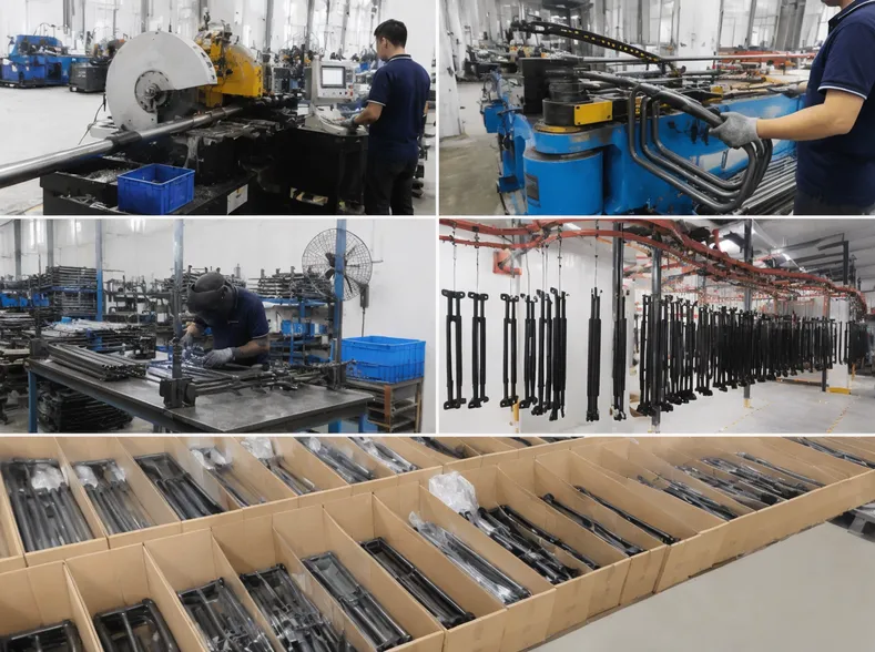 DJ lights stand production line — tube cutting, CNC bending, welding, and powder coat stations