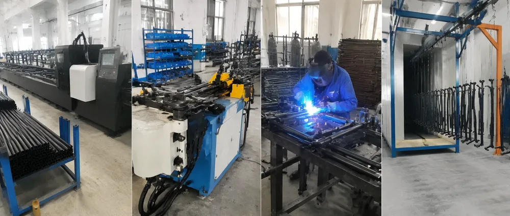 GDMonkey DJ lights stand production line showing CNC tube cutting, welding, and powder coat stations