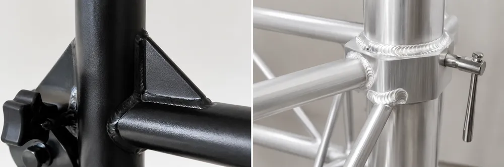 Steel versus aluminum DJ lights stand construction comparison showing material finish and weld quality