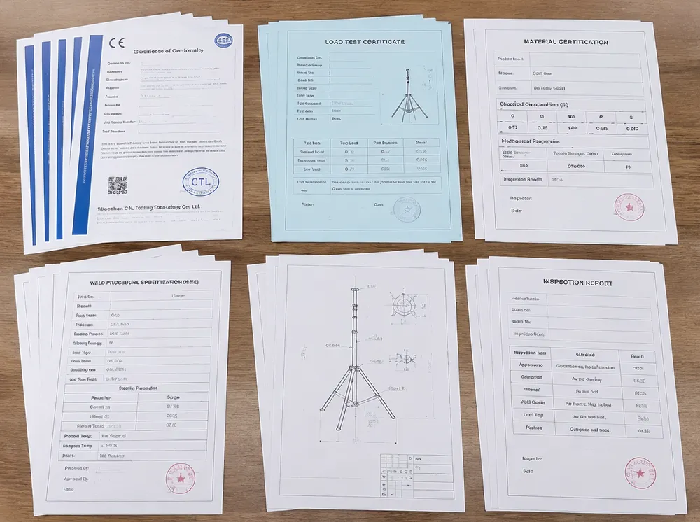 Compliance documentation package for stage lights stands showing CE marking, load test certificates, and material certification paperwork