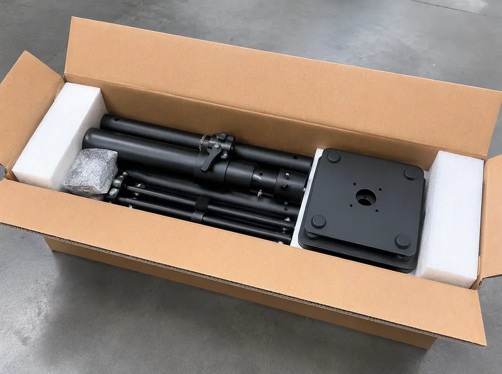 Knocked-down stage lights stand packed in individual carton with foam end caps