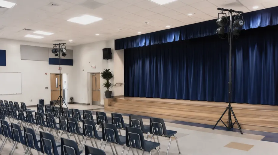 Stage lighting stands in a school auditorium multi-purpose space