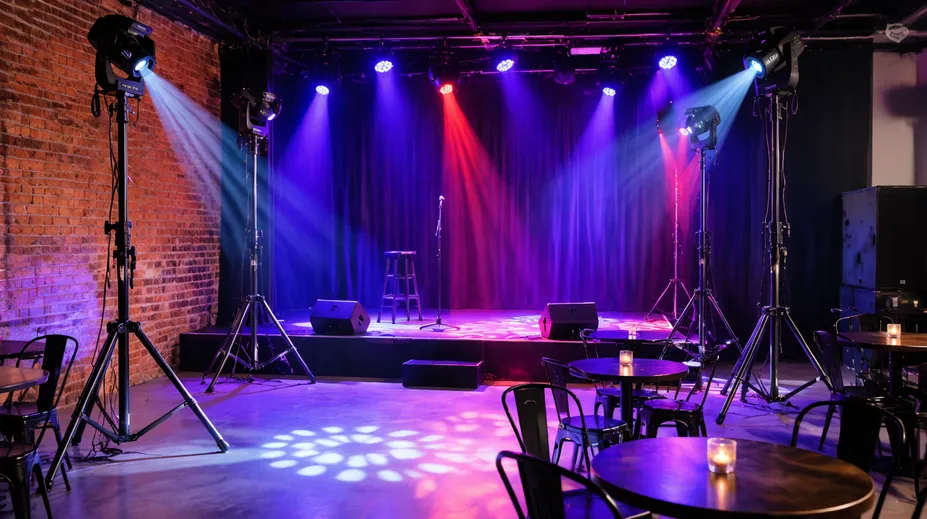 Stage lights stands providing fixture height in a small venue without ceiling truss
