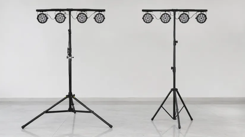 Side-by-side comparison of stage lights stand wide base versus standard DJ tripod stand