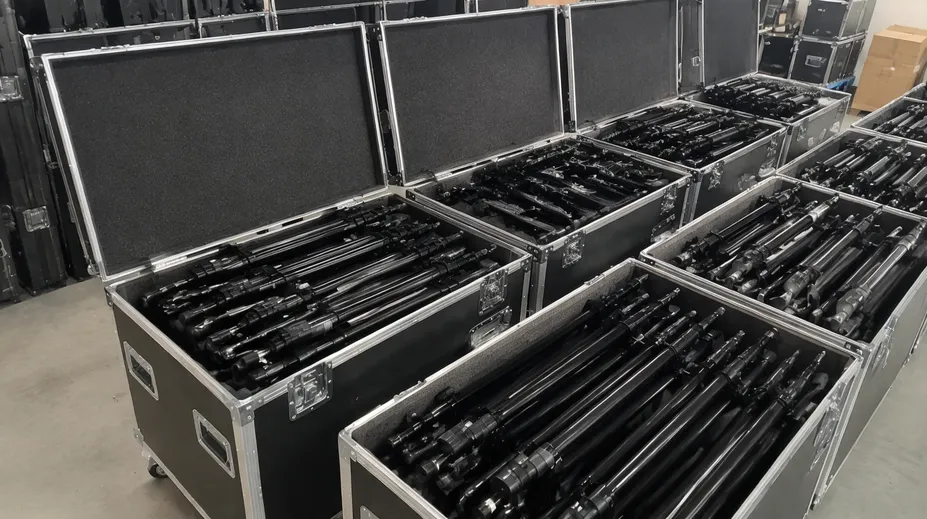 Heavy-duty stage lighting stands in road cases for touring production fleet