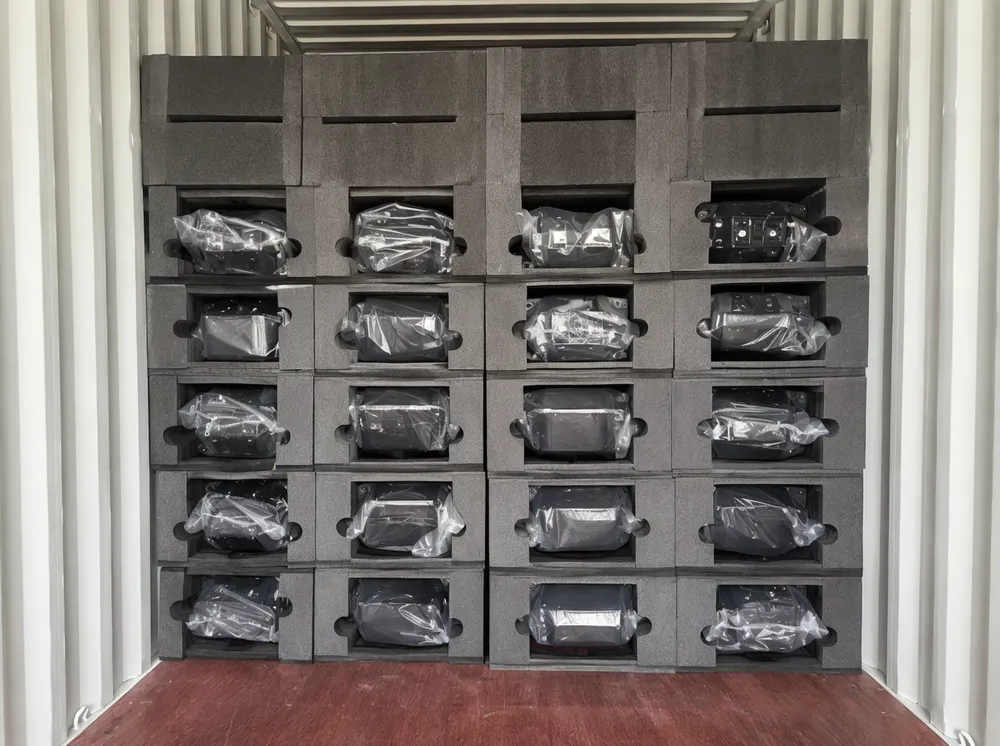 Custom molded EPE packaging inserts designed for stage lighting fixtures inside shipping container