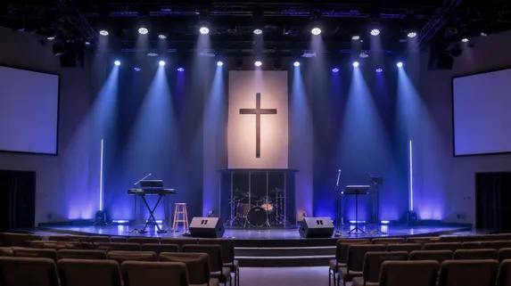 Church stage lighting installation with wash fixtures and spotlights