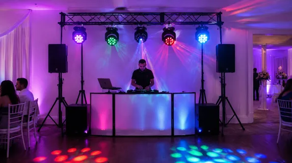 Mobile DJ setup with compact LED fixtures and sound-reactive lighting effects