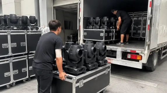 Event rental company loading professional lighting fixtures for deployment