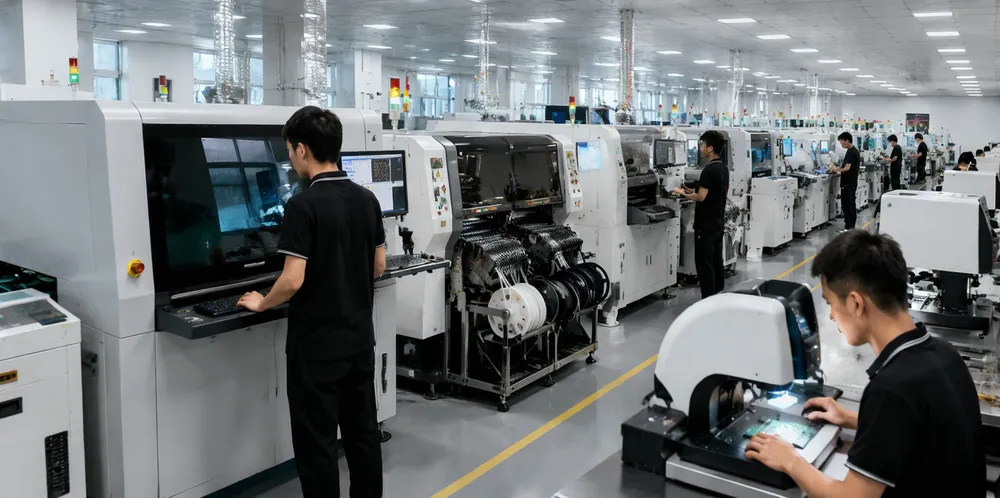 GDMonkey factory floor showing SMT production lines and automated optical alignment stations