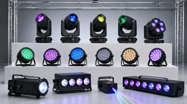 Moving heads, LED pars, beam lights, and wash fixtures for professional stage lighting