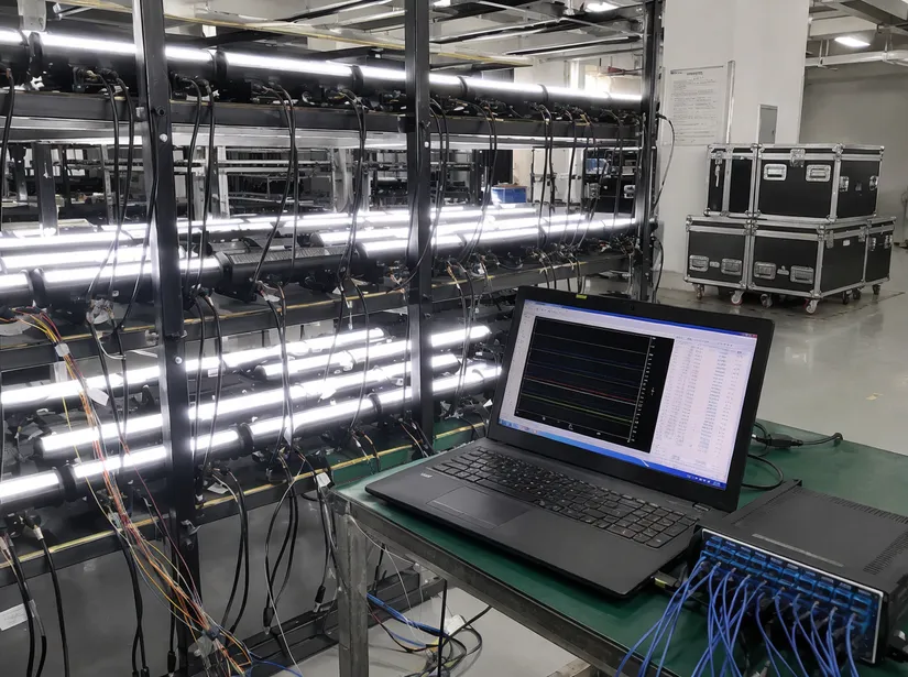 LED DJ light fixtures undergoing 48-hour thermal aging test with thermocouple arrays monitoring junction temperature
