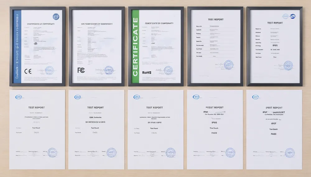 CE, FCC, RoHS certification documentation and IP testing lab reports for LED DJ lights