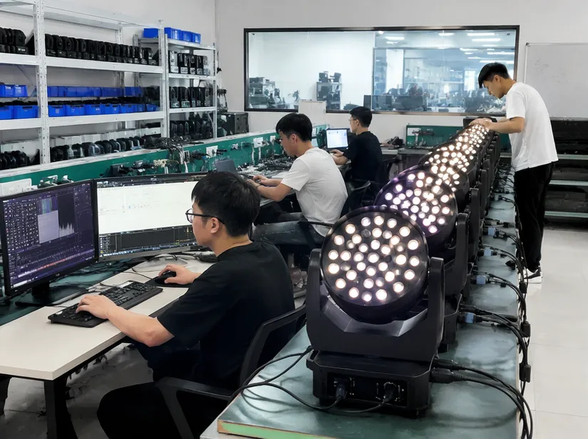 GDMonkey DMX firmware testing lab with engineers validating channel synchronization across LED DJ light fixtures