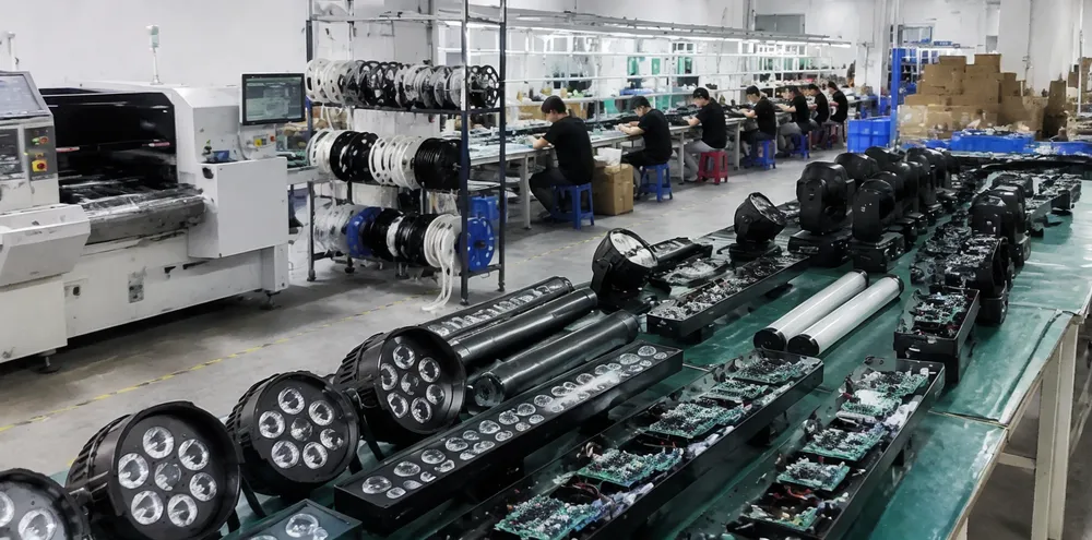 GDMonkey shared SMT and assembly production line manufacturing multiple LED DJ light formats simultaneously
