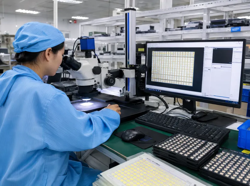 LED chip binning and IQC inspection station at GDMonkey factory
