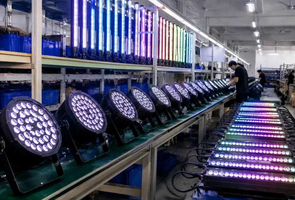 GDMonkey LED DJ lights production facility showing par cans, tube lights, and pixel bars on the assembly line