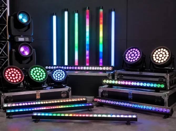 LED DJ stage lights — full-size high-wattage fixtures for touring rigs and permanent venue installations