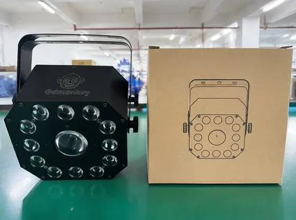 Custom branded LED DJ light showing laser-engraved logo and custom packaging