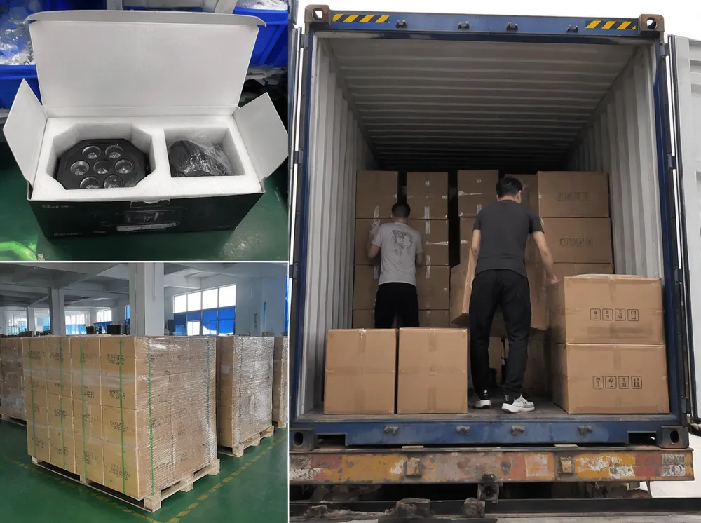 Custom branded packaging and container loading process for LED DJ light fixtures showing foam inserts and master carton stacking