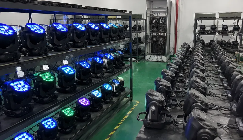 LED DJ light fixtures undergoing quality control testing including thermal aging and DMX stress validation at GDMonkey production facility