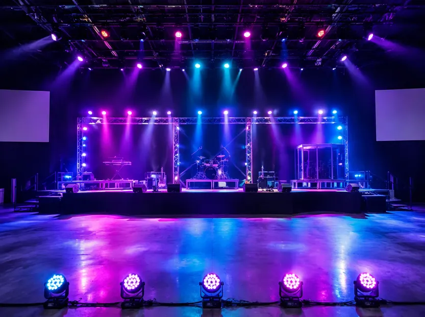 Large-scale event stage with arrays of LED par lights on truss for ground row and scenic color