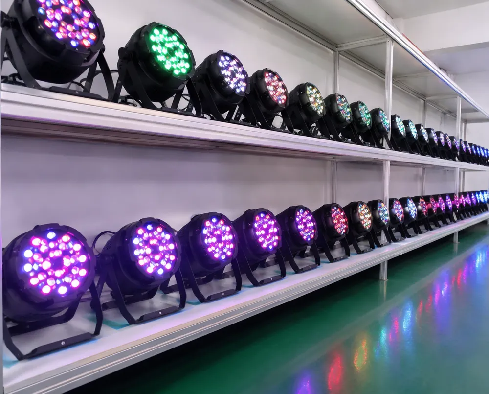 LED DJ par lights — aluminum housing with RGBWA+UV LEDs producing vibrant color wash