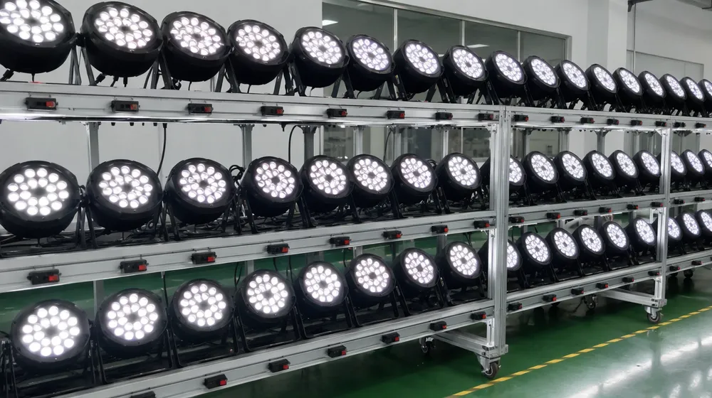 LED DJ par light 48-hour aging test rack showing fixtures running at full output for quality control