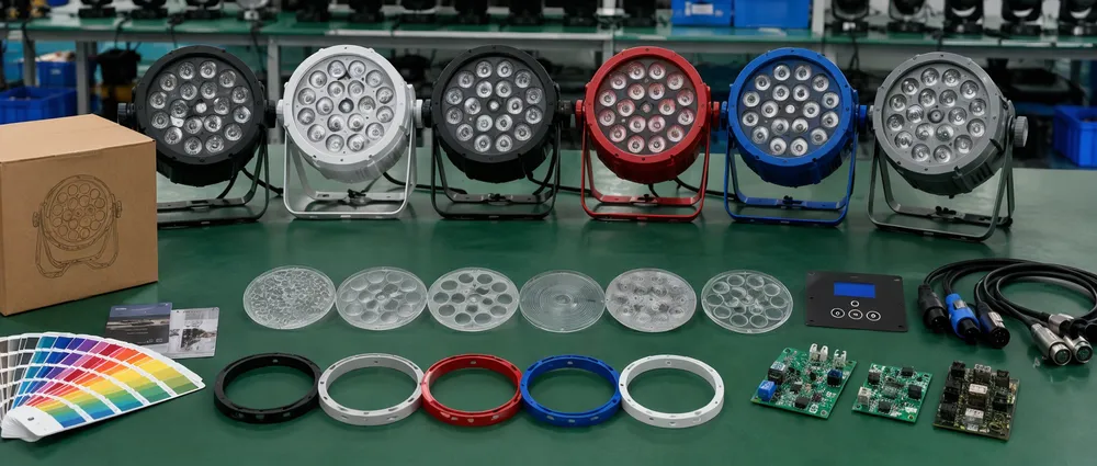 OEM customization options for LED DJ par lights including custom branding, lens configurations, and housing modifications