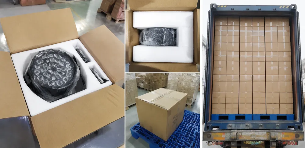 LED DJ par light packaging — molded foam inserts in master cartons configured for pallet stacking and container loading