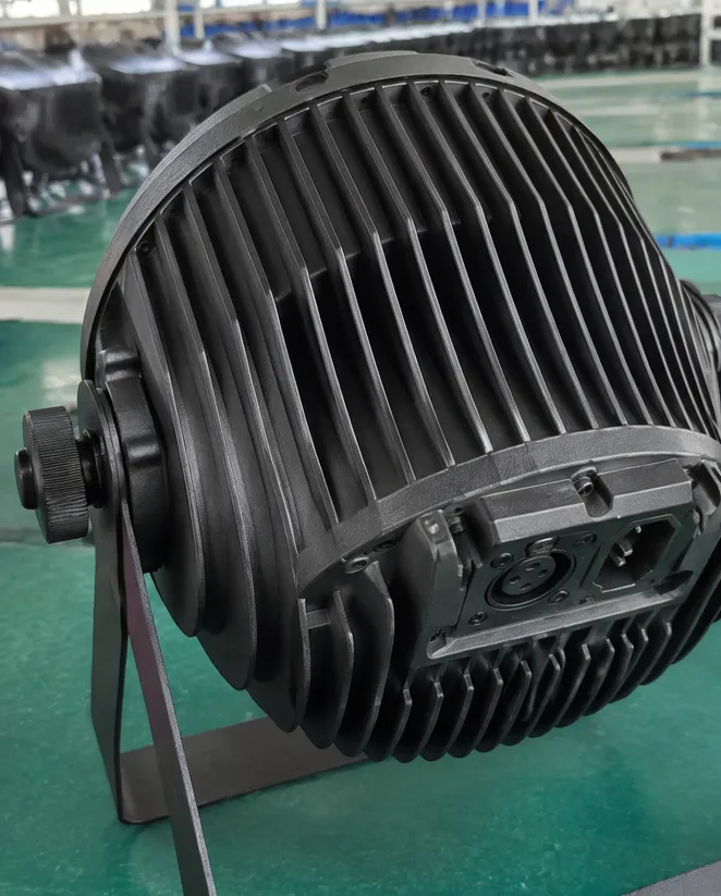 Die-cast aluminum heatsink fins on LED DJ par light housing showing thermal management design