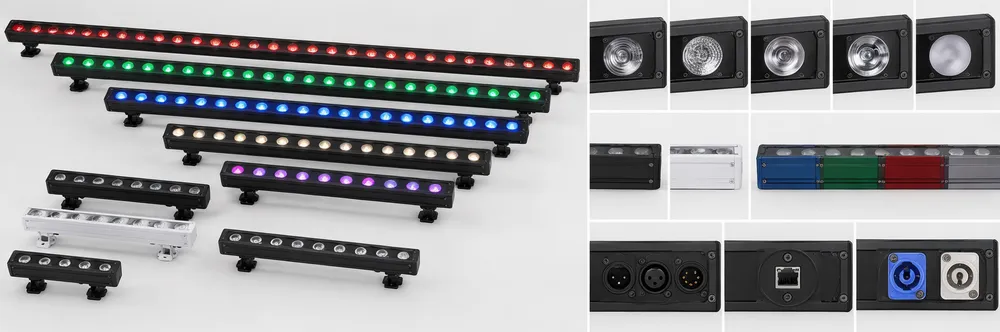 LED DJ pixel bar customization options showing different lengths, colors, and lens configurations
