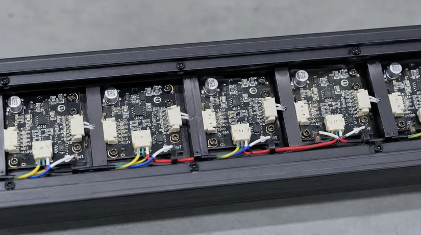 Independent PCB sub-board segment inside LED pixel bar showing individual current regulation