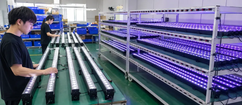 Quality inspection process for LED pixel bar production including visual uniformity check and burn-in aging