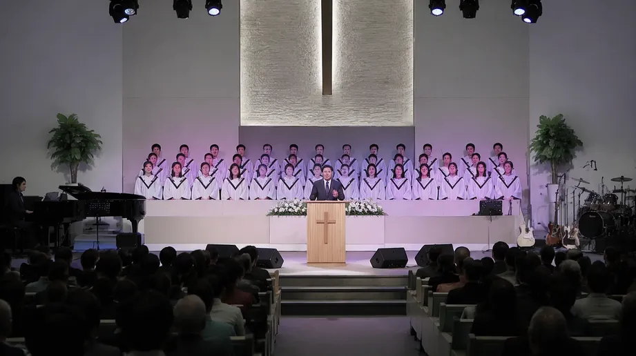 LED spotlight providing focused illumination on church pulpit and choir area