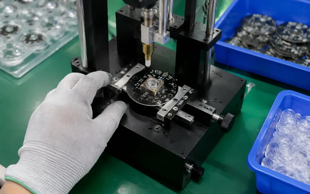 Optical alignment station with TIR lens positioning jig used during LED DJ spotlight assembly