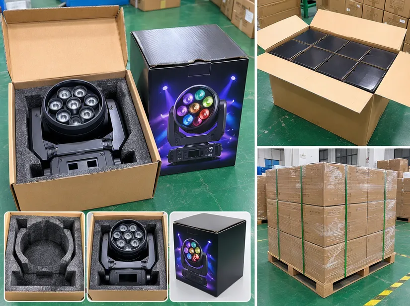 LED DJ spotlight custom packaging with molded foam insert and master carton