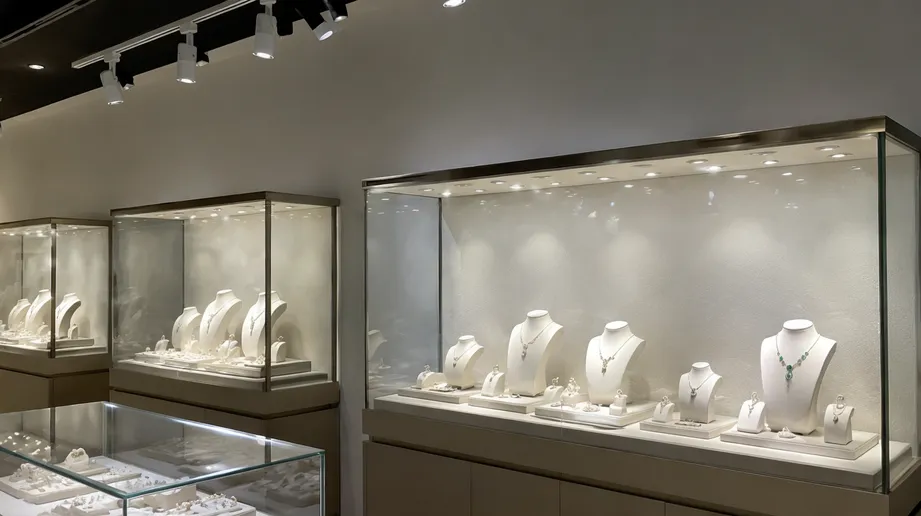 LED spotlight illuminating jewelry display case in a retail environment with precise beam control