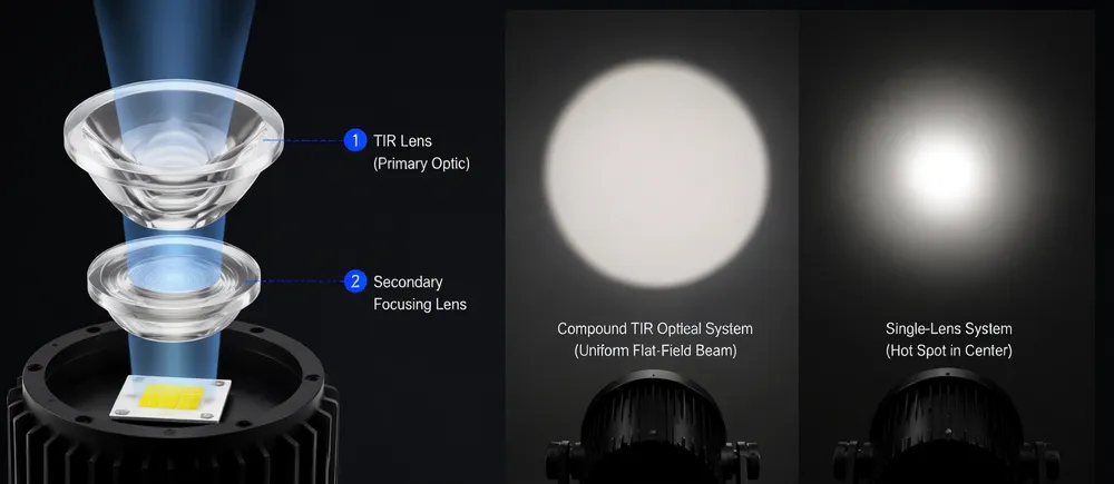 Compound TIR optical system showing uniform flat-field beam pattern vs single-lens hot spot