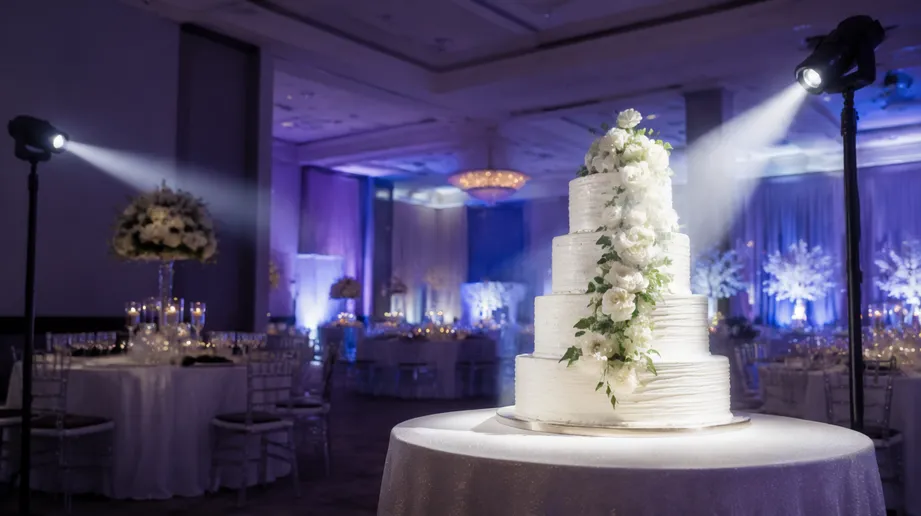 LED DJ spotlights deployed for wedding cake spotting and centerpiece highlights at a reception venue