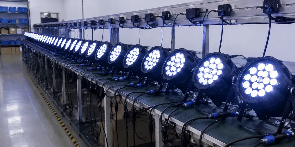 32-unit LED DJ stage light daisy chain undergoing DMX synchronization stress testing