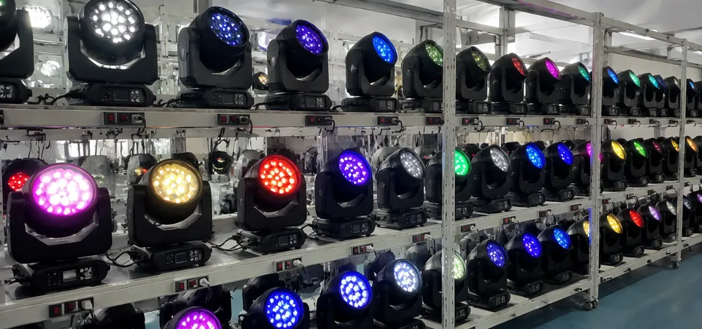 LED DJ stage lights undergoing 48-hour burn-in aging test on production validation rack