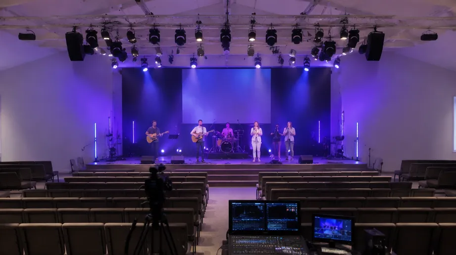 Church sanctuary with LED stage lighting installed for livestream production