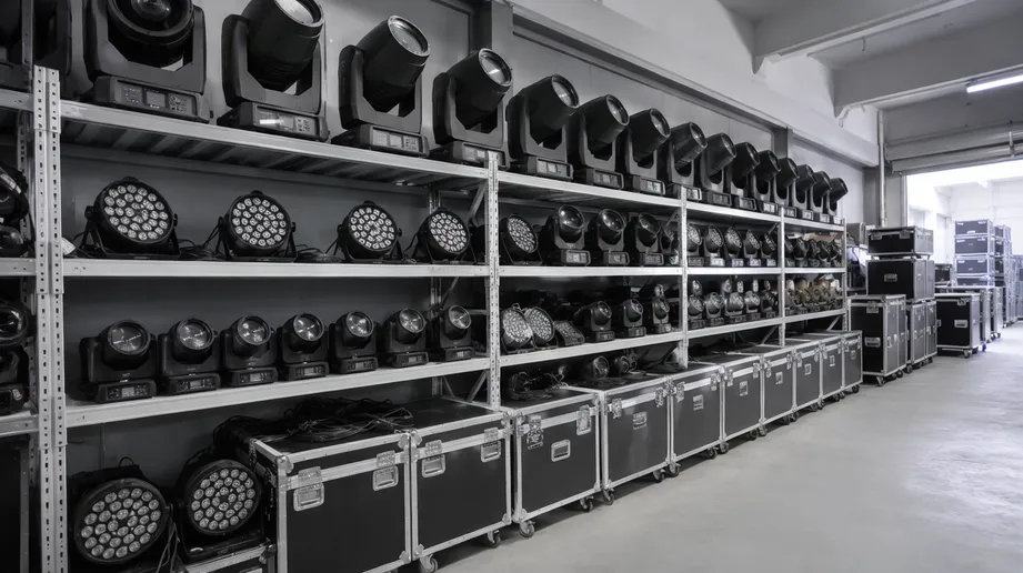 Event rental company warehouse stocked with pro-grade LED stage fixtures