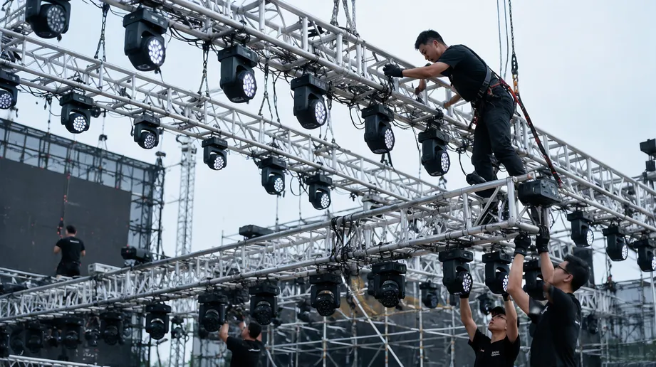 Touring production company deploying LED DJ stage lights across concert truss system
