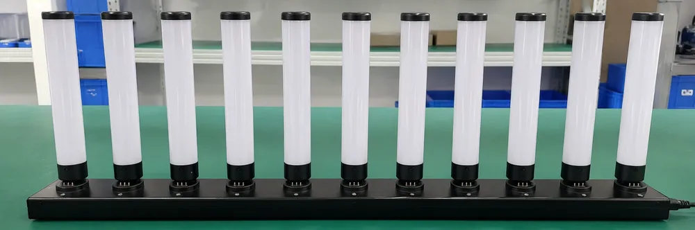 Battery-powered LED DJ tube lights in a 10-unit magnetic pogo-pin charging rack