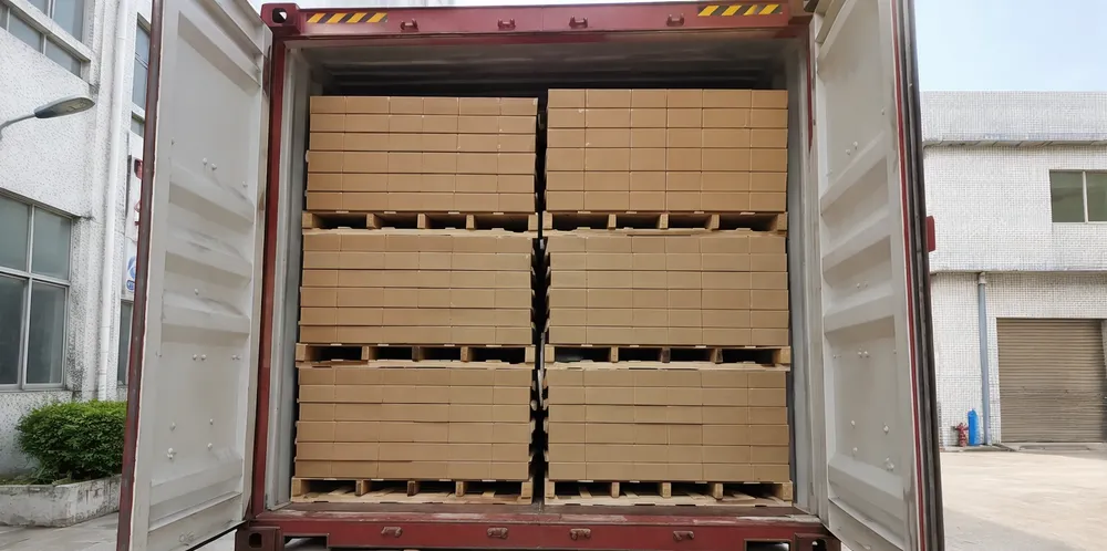 Container loading configuration for LED DJ tube light master cartons showing lengthwise pallet arrangement