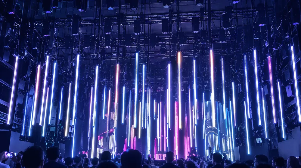 LED tube lights in kinetic winch installation creating vertical light curtain on stage